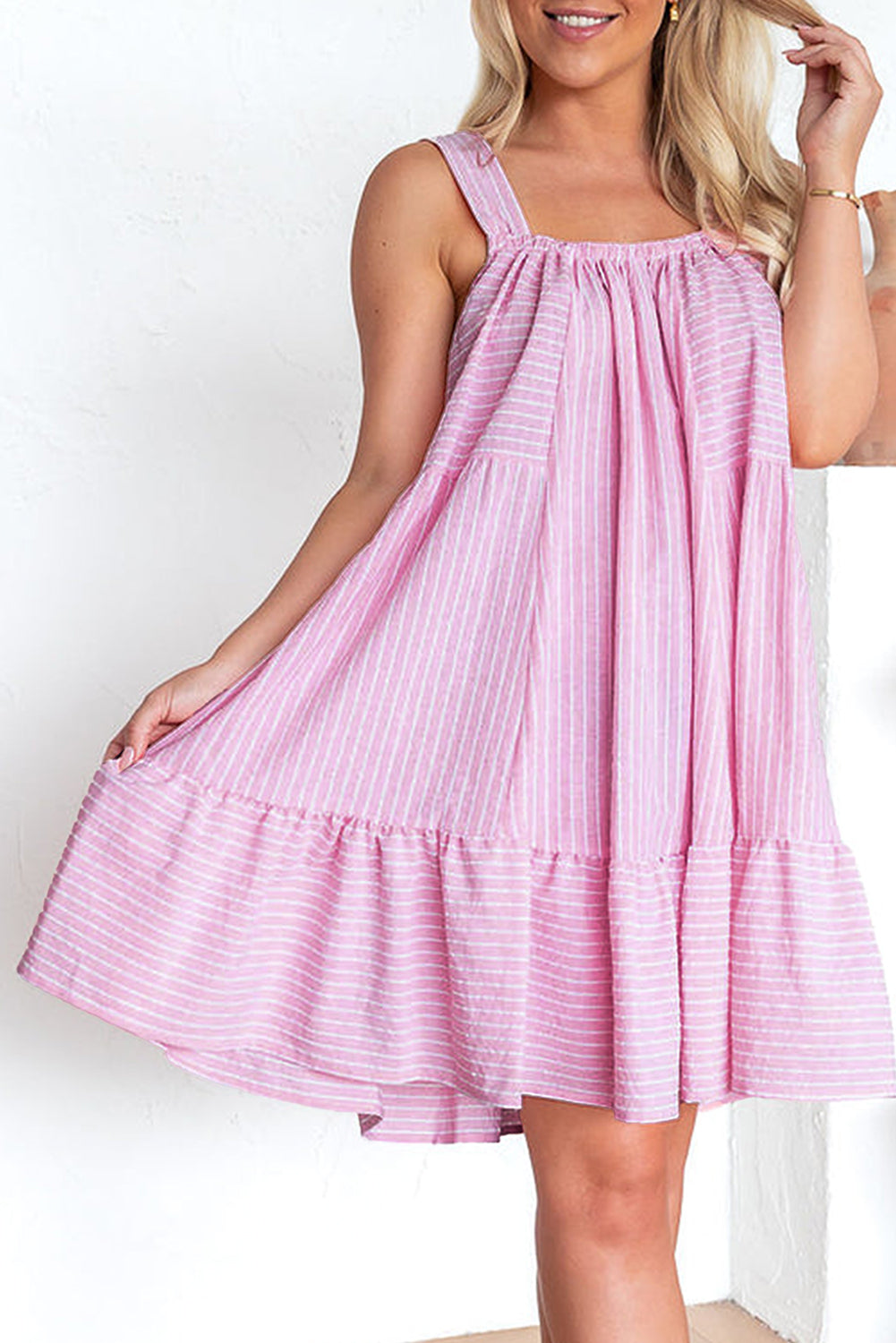 Ruffled Pink Pinstriped Mini Flared Dress