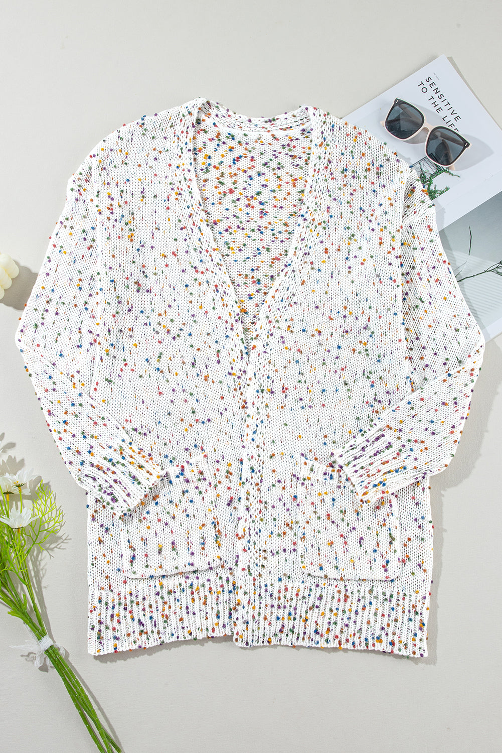 Dotted Multicolor Dotted Cream Knit Long Sleeve Cardigan