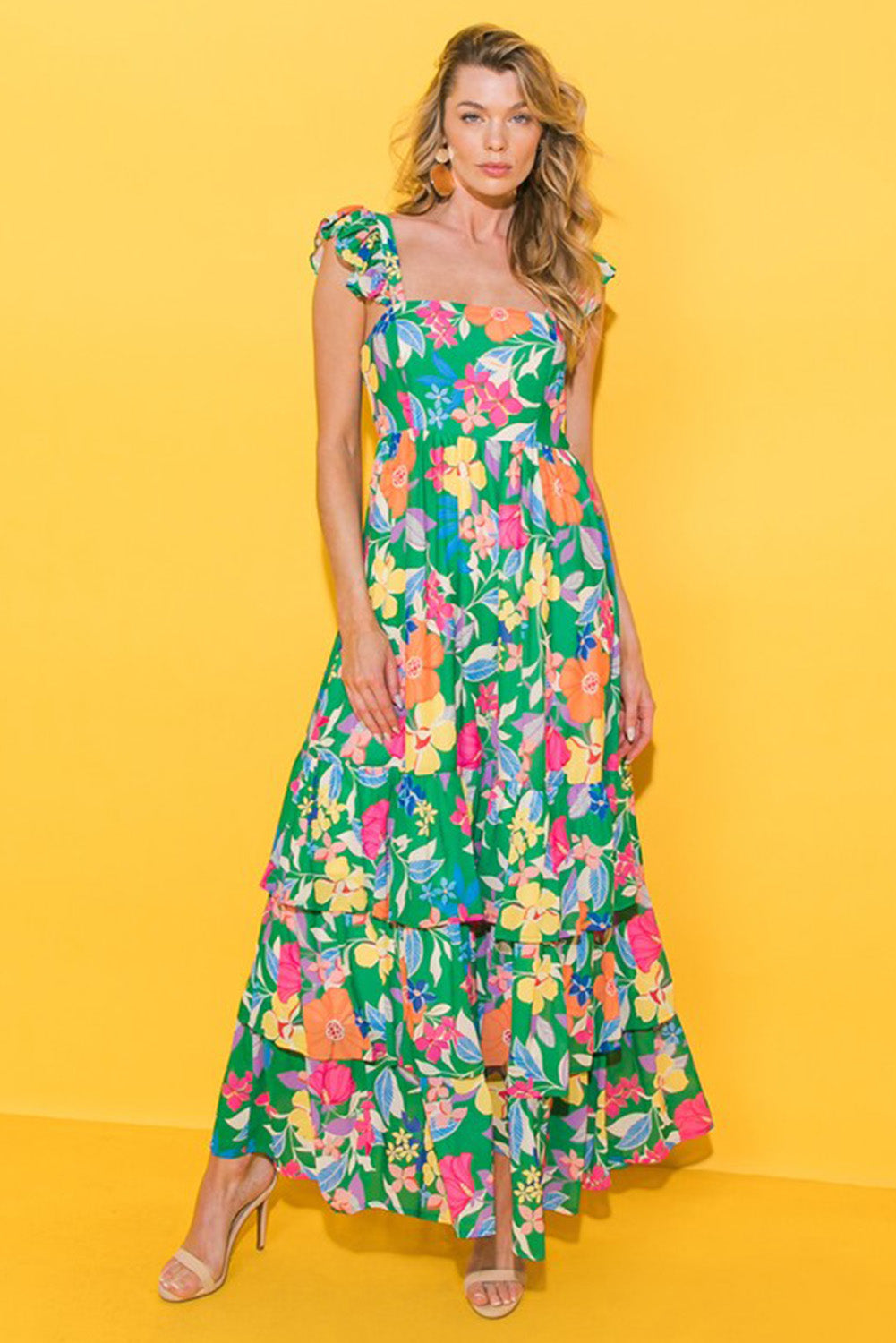 Ruffled Green Floral Tiered Maxi Dress