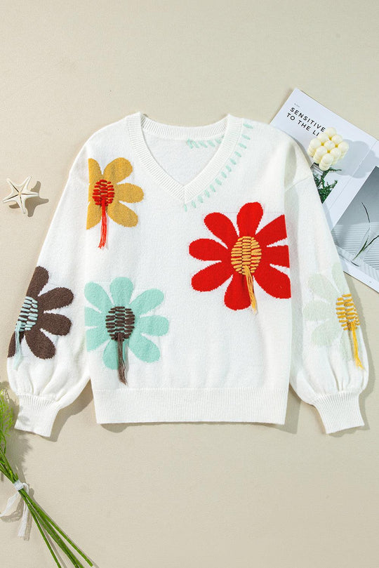 Coffee Big Flower Pattern V Neck Drop Shoulder Sweater