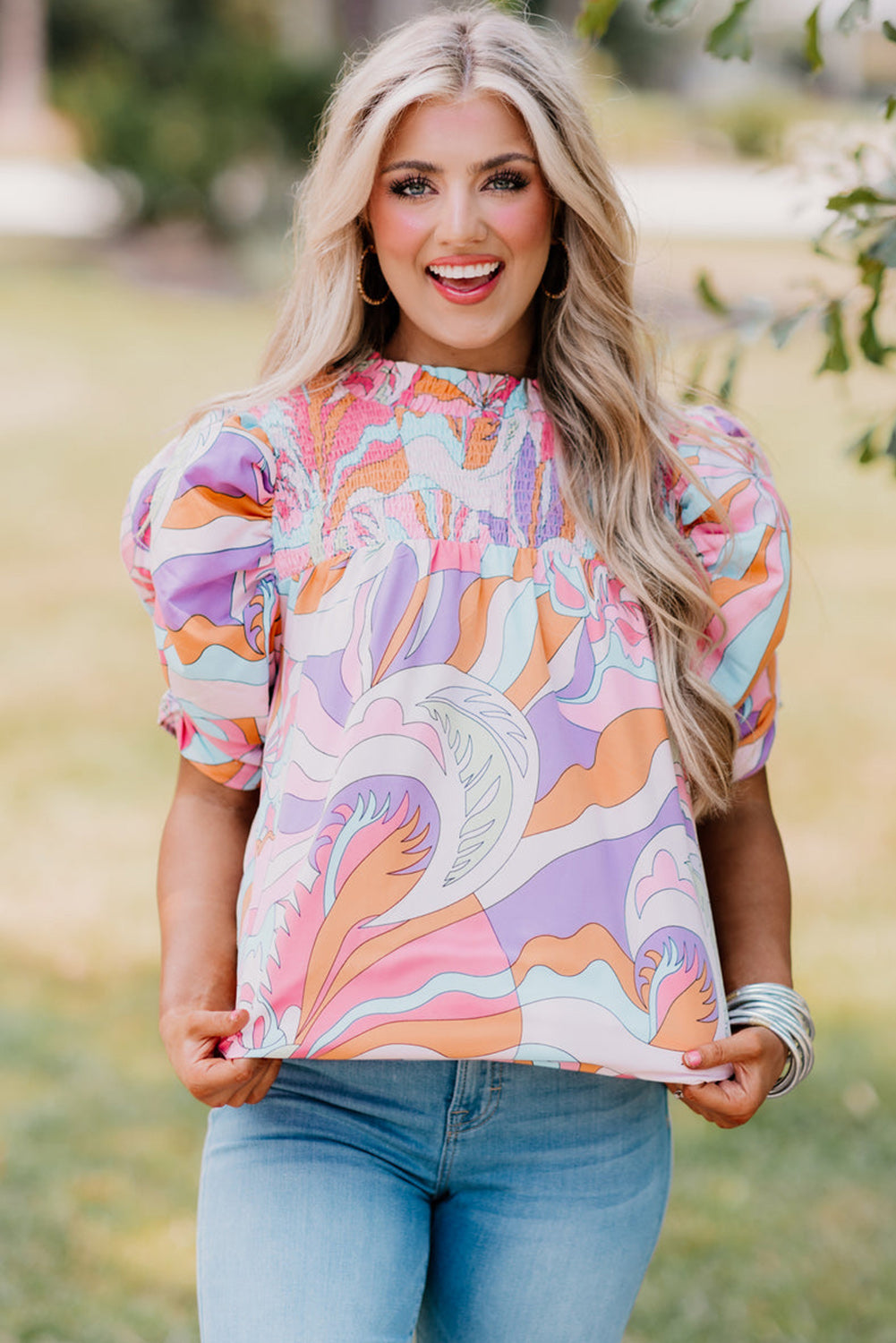 Lilac Abstract Bubble Sleeve Blouse