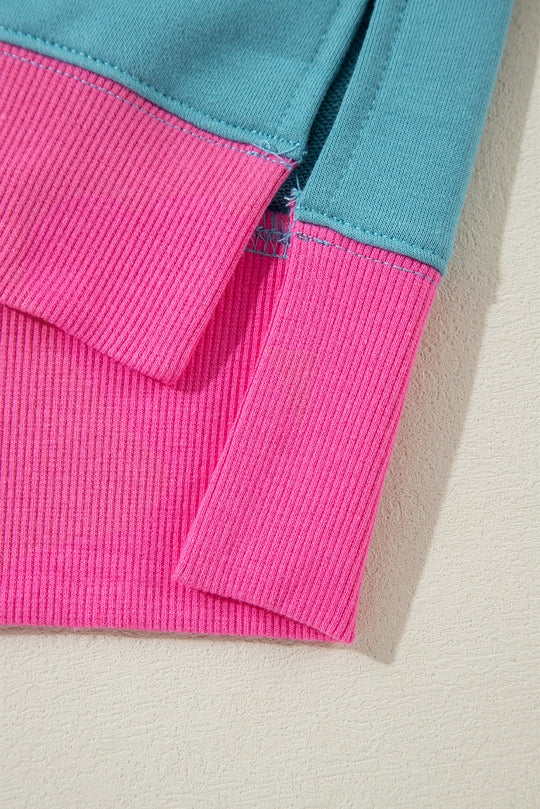 Aqua Blue and Pink Patchwork Loose Sweatshirt