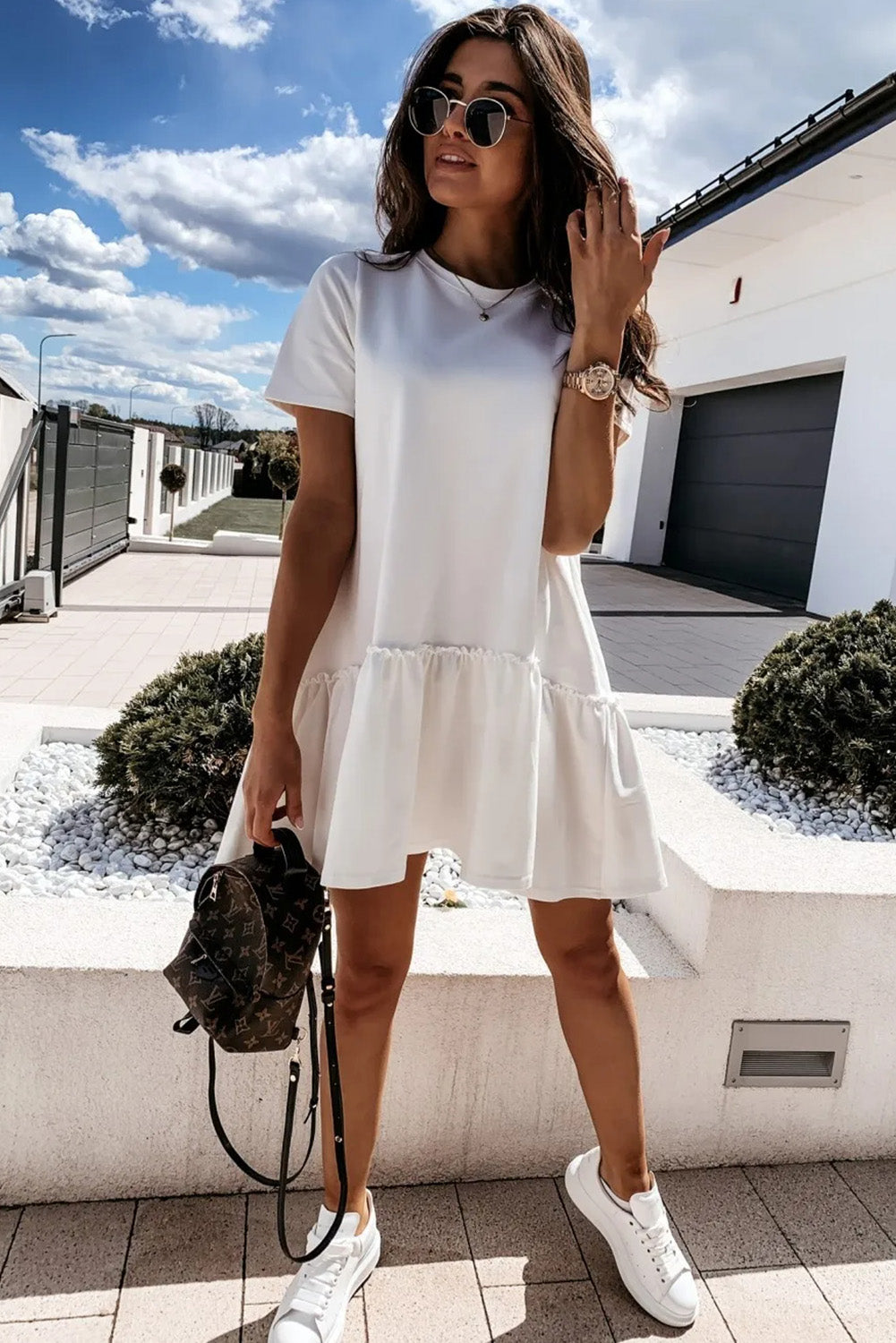 Splicing White Short Casual Dress