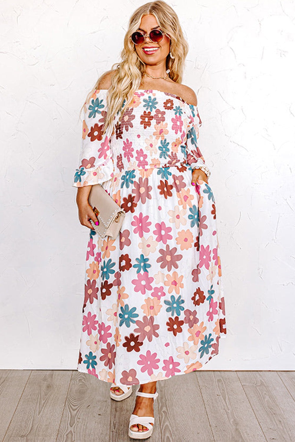 White Plus Size Spring Flower Off Shoulder Dress