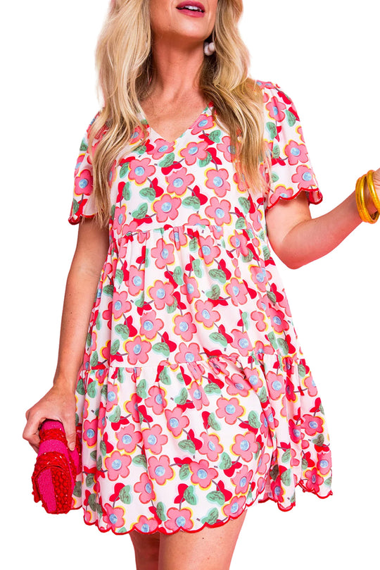 Jenny Red Multicolor Flower Ruffled Dress