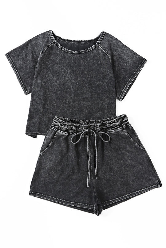 Black Acid Washed Short Lounge Set - Klazzi Fashion Boutique