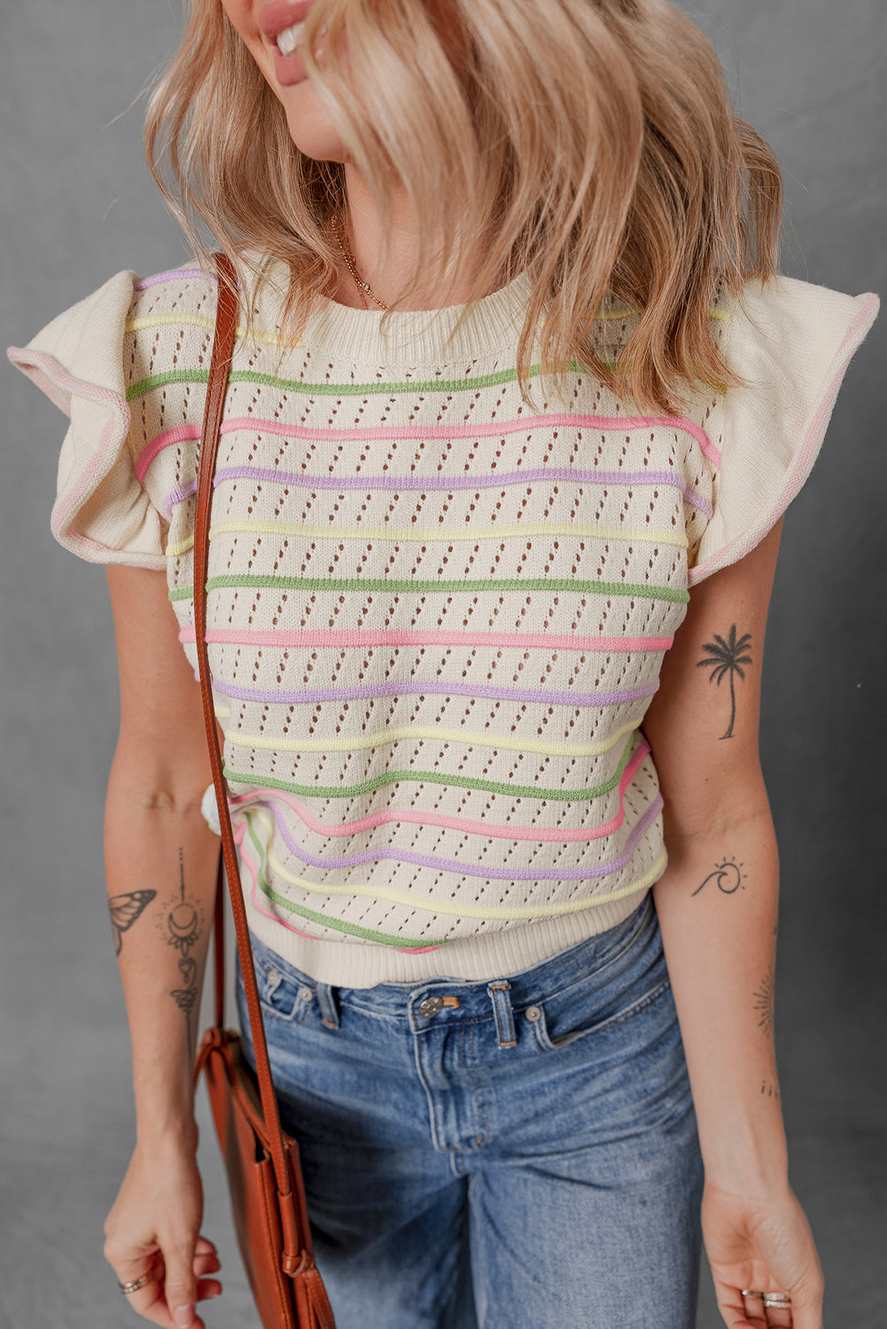 Brandy Ruffle Colorful Striped Knit Top