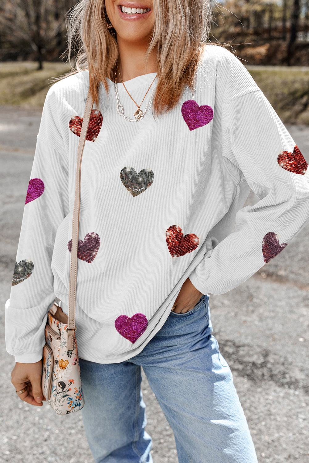 Corduroy Valentine Hearts Patches Sweatshirt