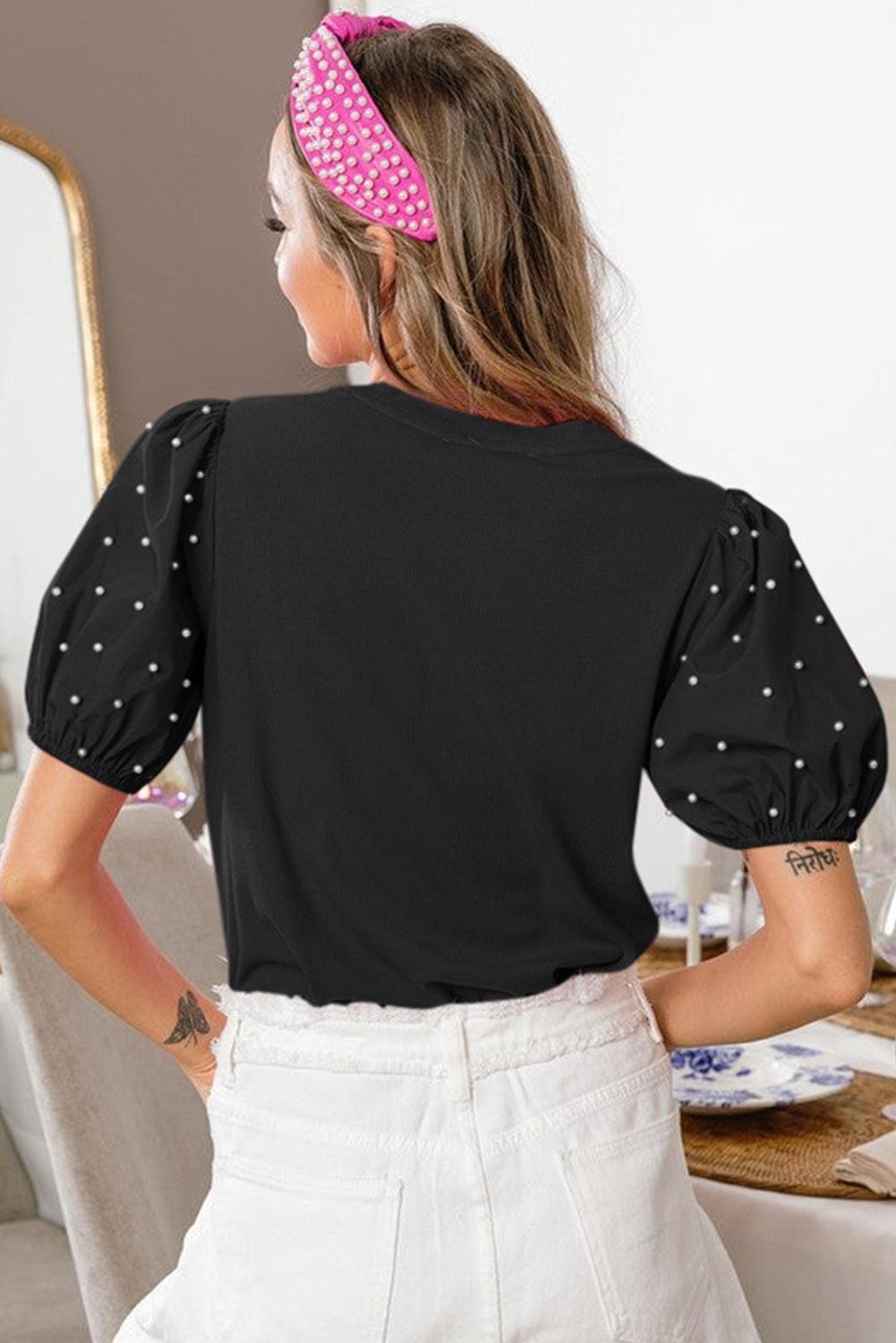 Beaded Pearl Puff Sleeve Blouse