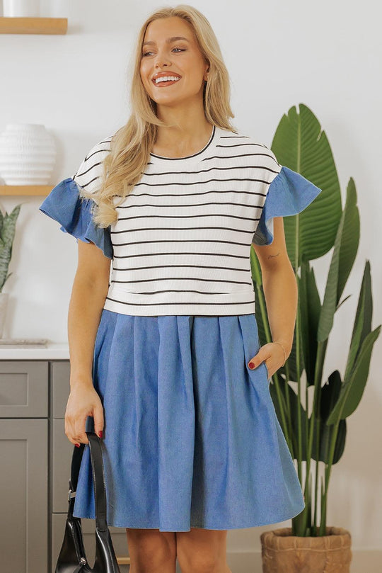 Denim Stripe Ruffle Mini Dress