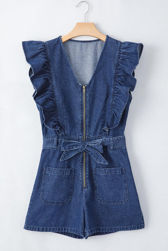 Ruffled Denim Zipper Romper