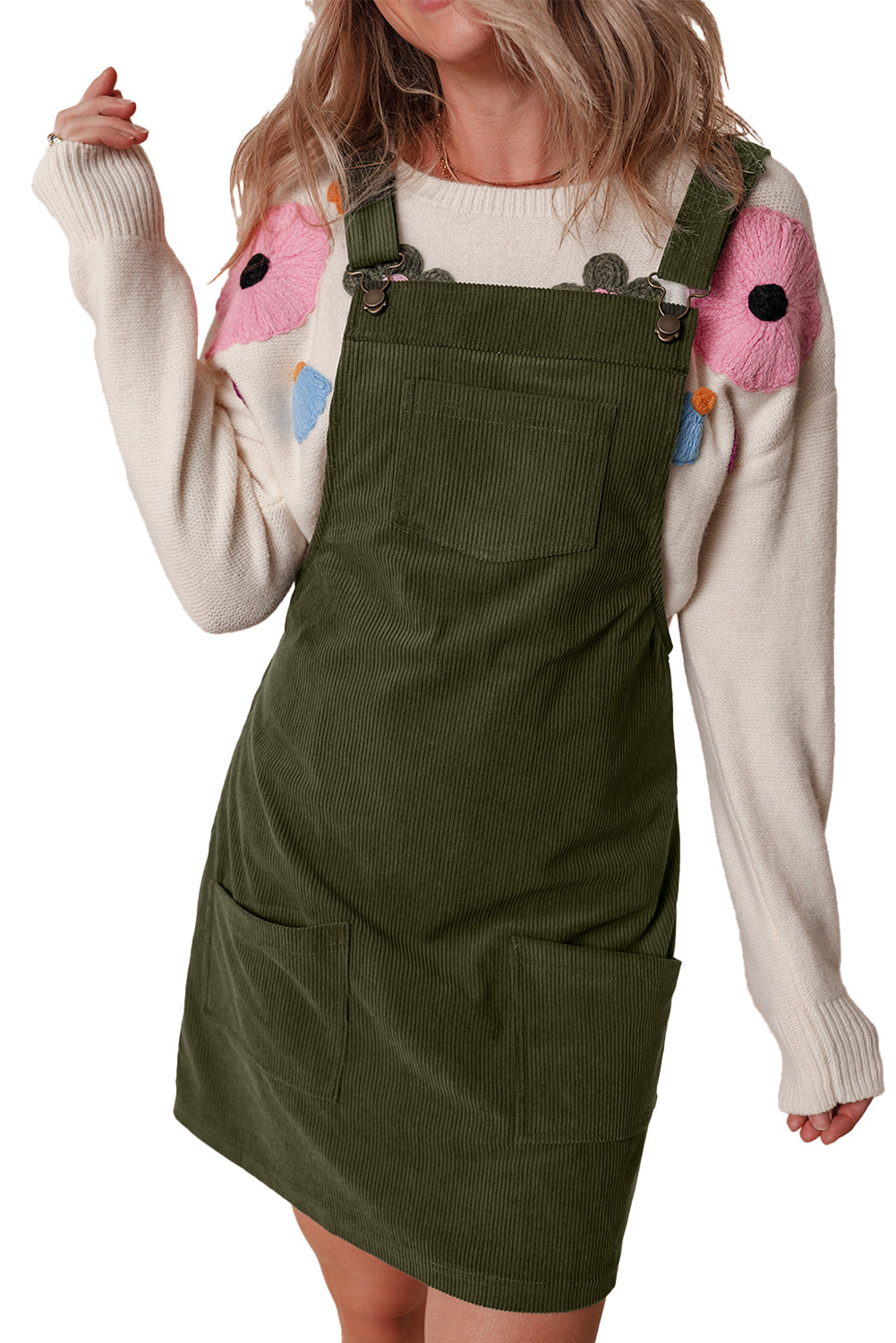 Cinnamon Solid Front Pockets Sleeveless Corduroy Overall Dress