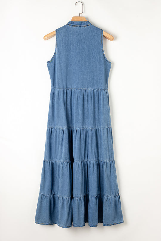 Long Chambray Tiered Maxi Denim Dress 