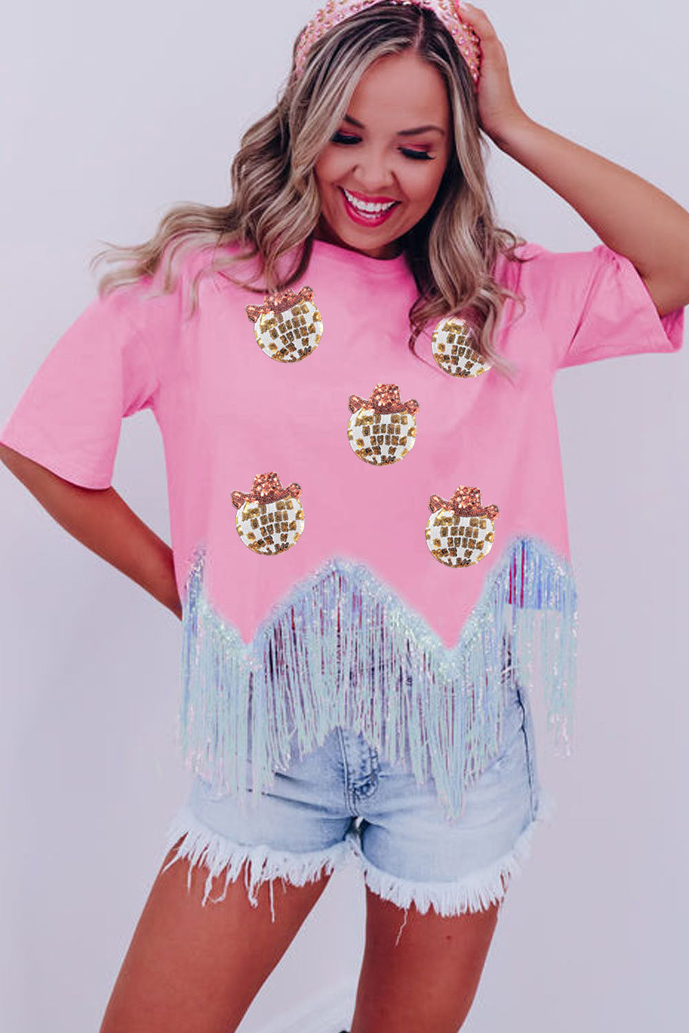 Pink Sparkle Sequin Disco Ball Tassel Top 