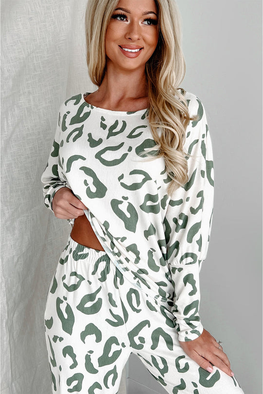  Animal Leopard Sage Print Long Sleeve Loungewear Set