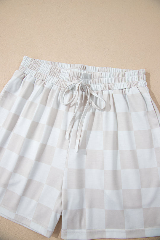 Checkered Beige Drawstring Lounge Short Set