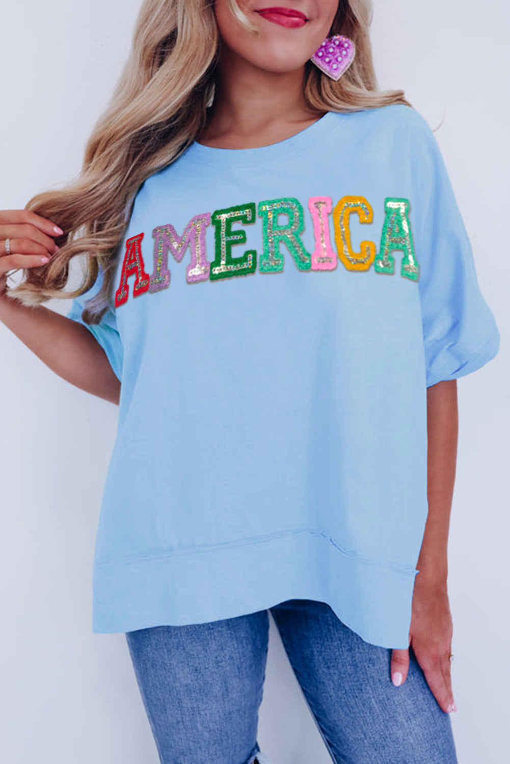 Pastel Sparkle America Embroidered Graphic T-shirt