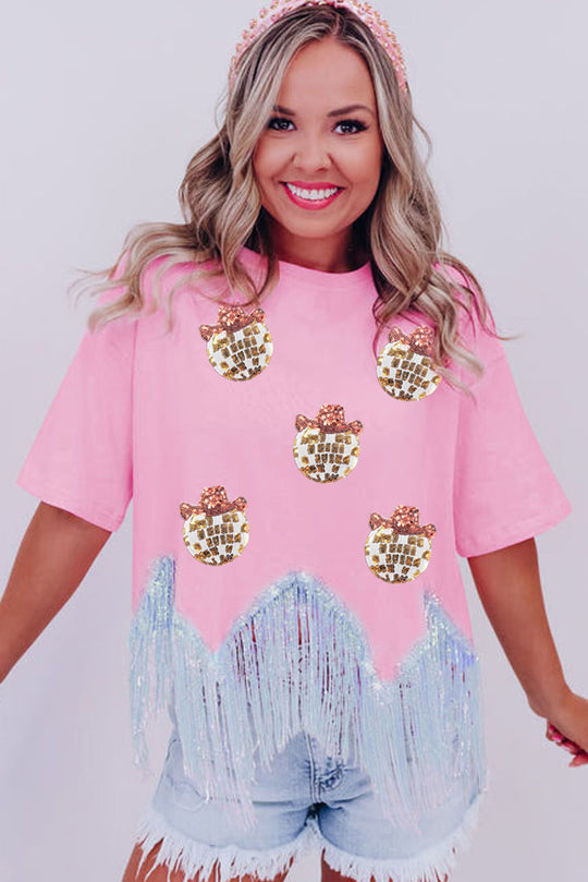 Pink Sparkle Sequin Disco Ball Tassel Top 