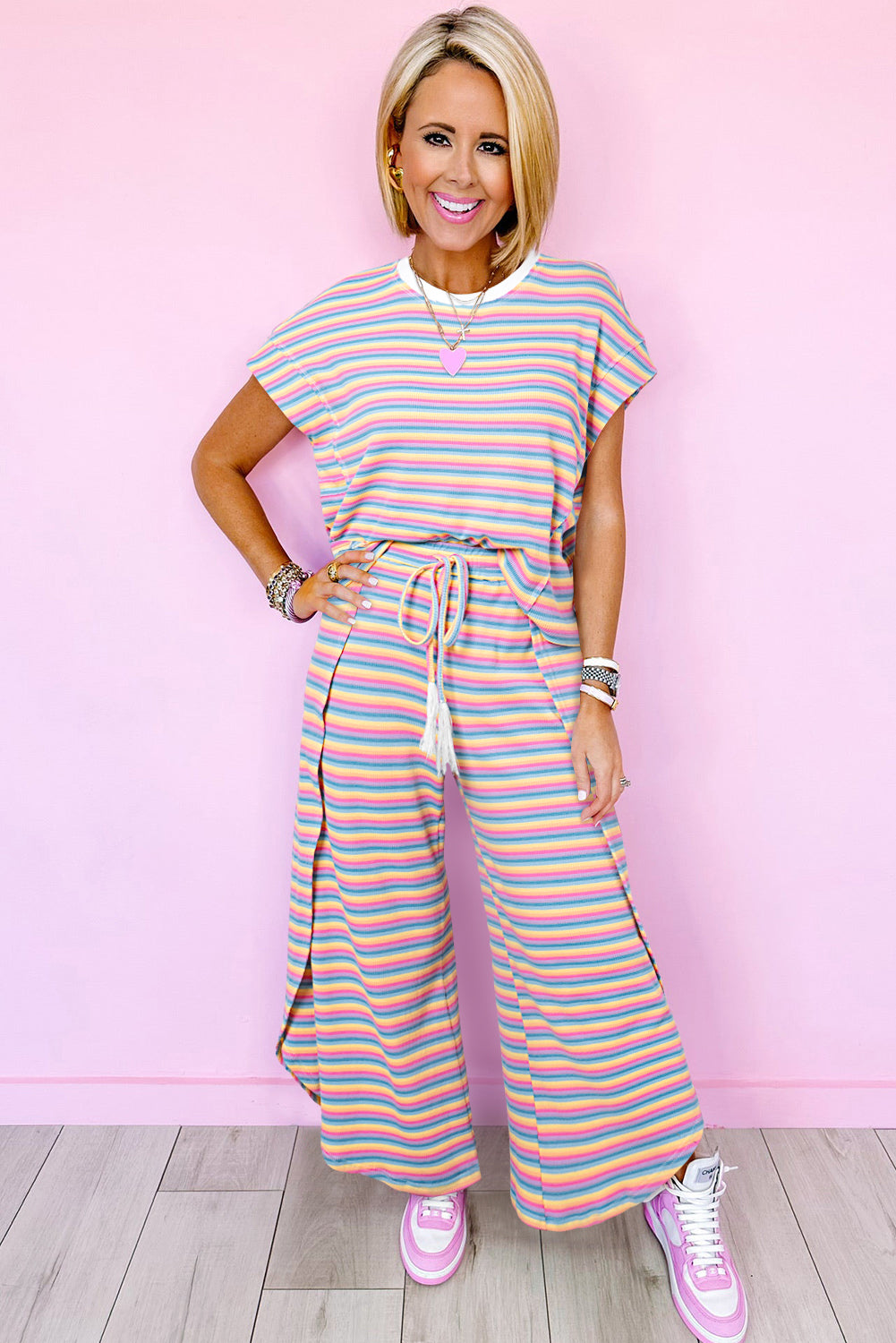 Ciera Rainbow Pink Striped Wide Leg Pants Set