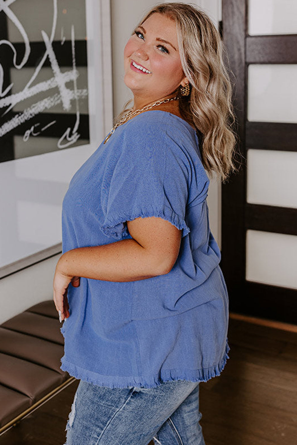 Alannah Plus Size Blue Frayed Blouse