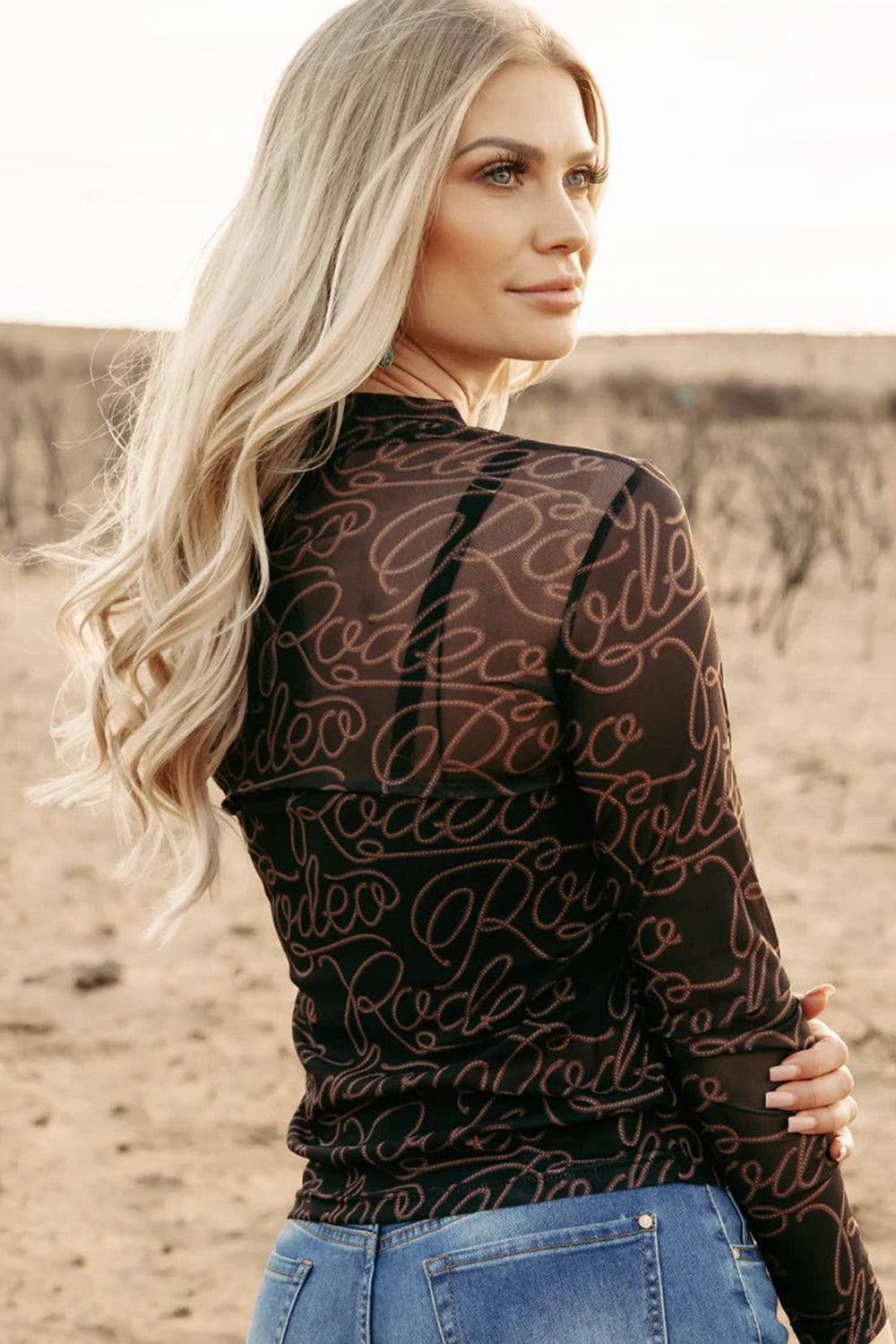 Western Rodeo Black Long Sleeve Mesh Top