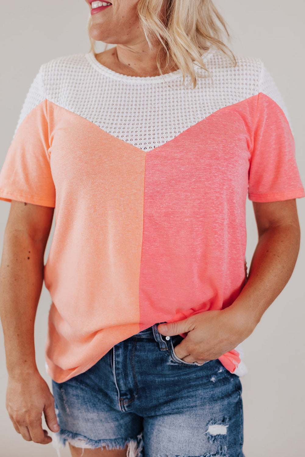  Plus Size Waffle Melon Colorblock Knit Shirt