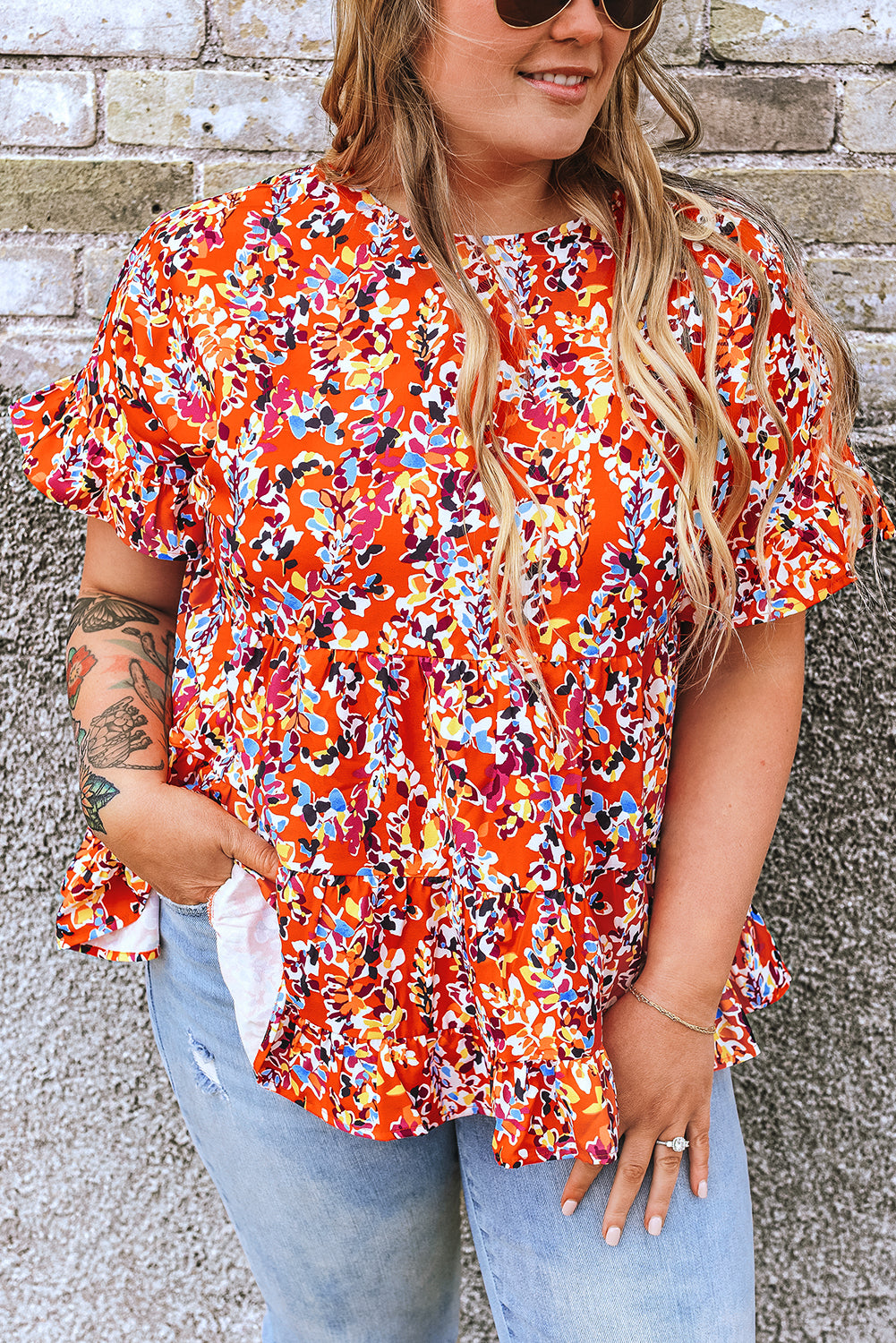 Orange Ruffled Floral Babydoll Blouse