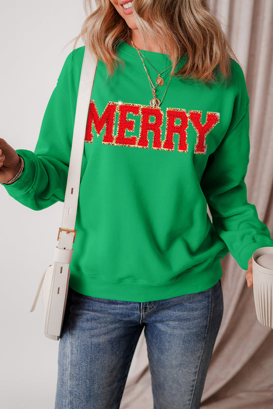 Green Christmas Chenille "MERRY" Graphic Sweatshirt