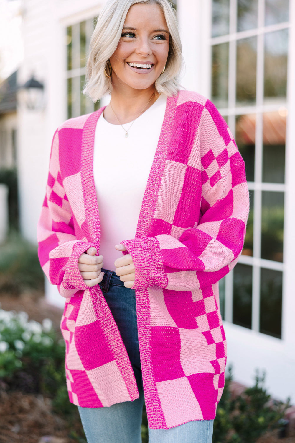 Pink Checkered Open Cardigan