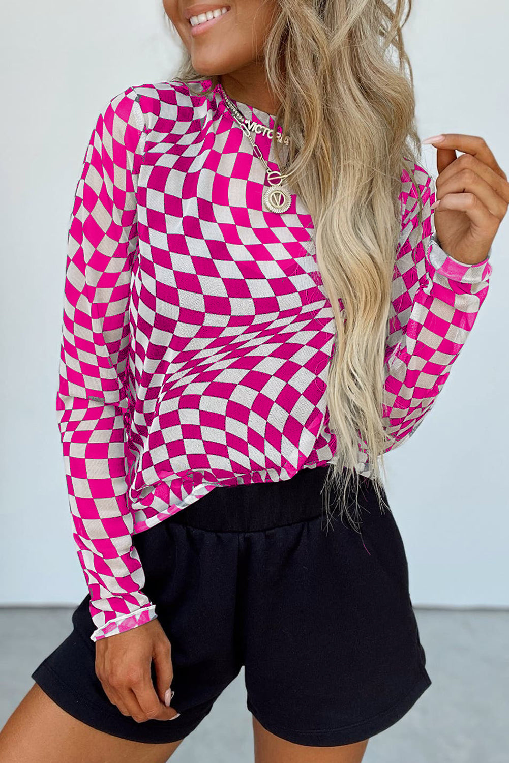 Checkered Sheer Long Sleeve Mesh Top