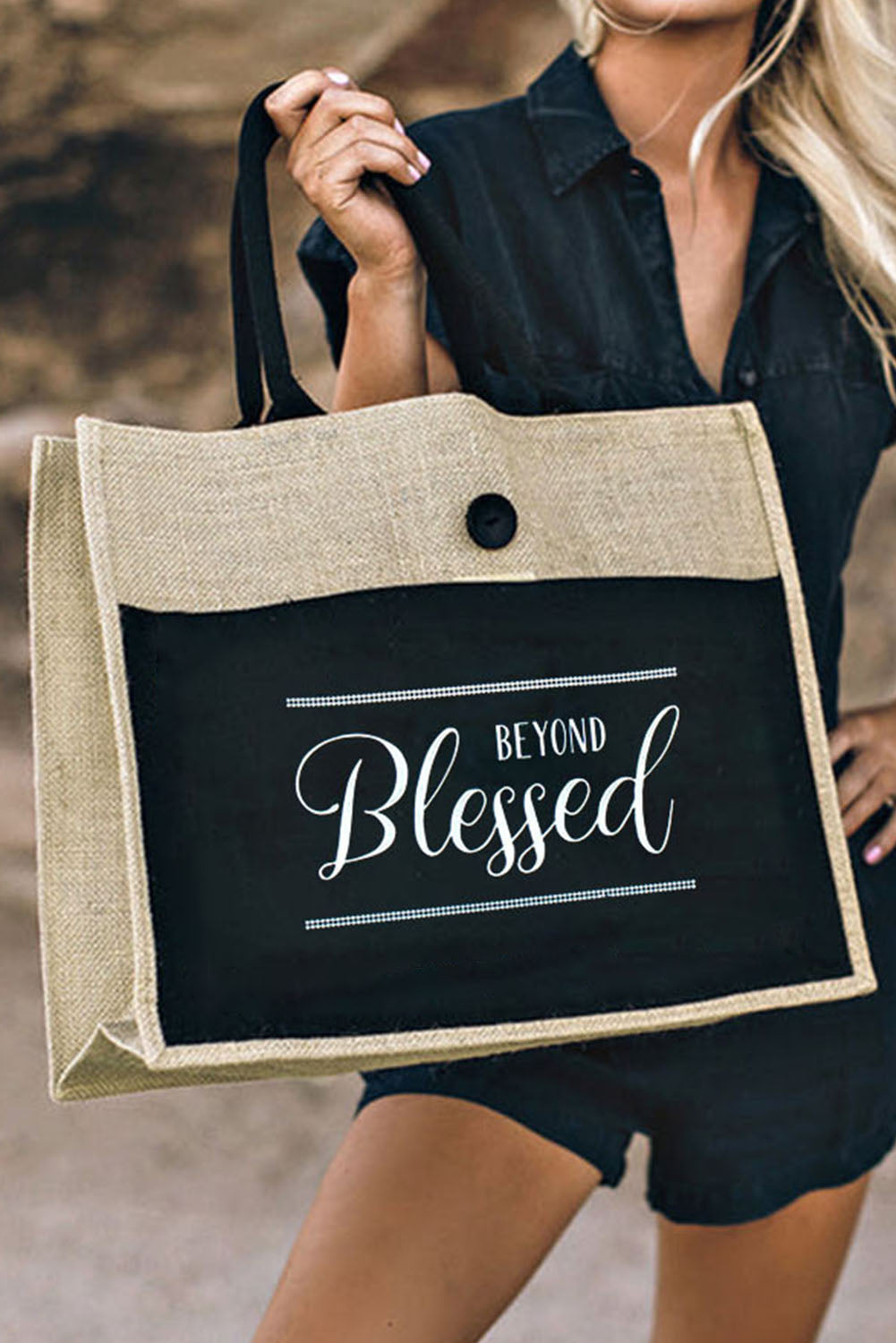 Vintage Black "BEYOND BLESSED" Burlap Bag