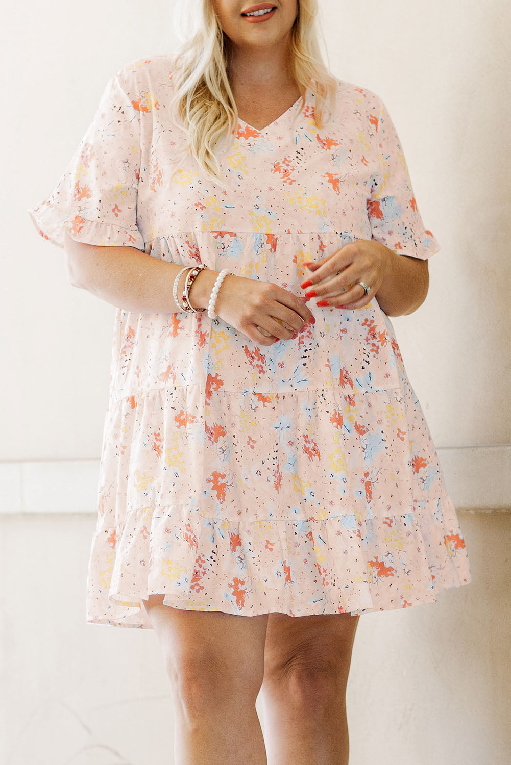  Plus Size Cream and Pink Babydoll Swing Dress