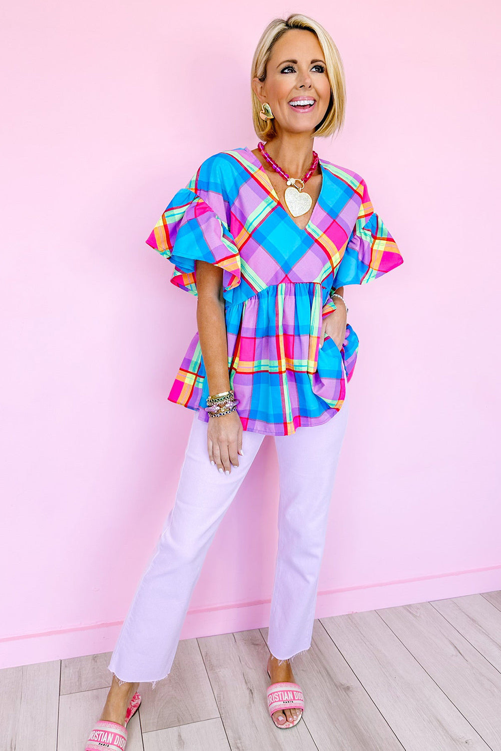 Misty Blue Plaid Multicolor Ruffled Blouse