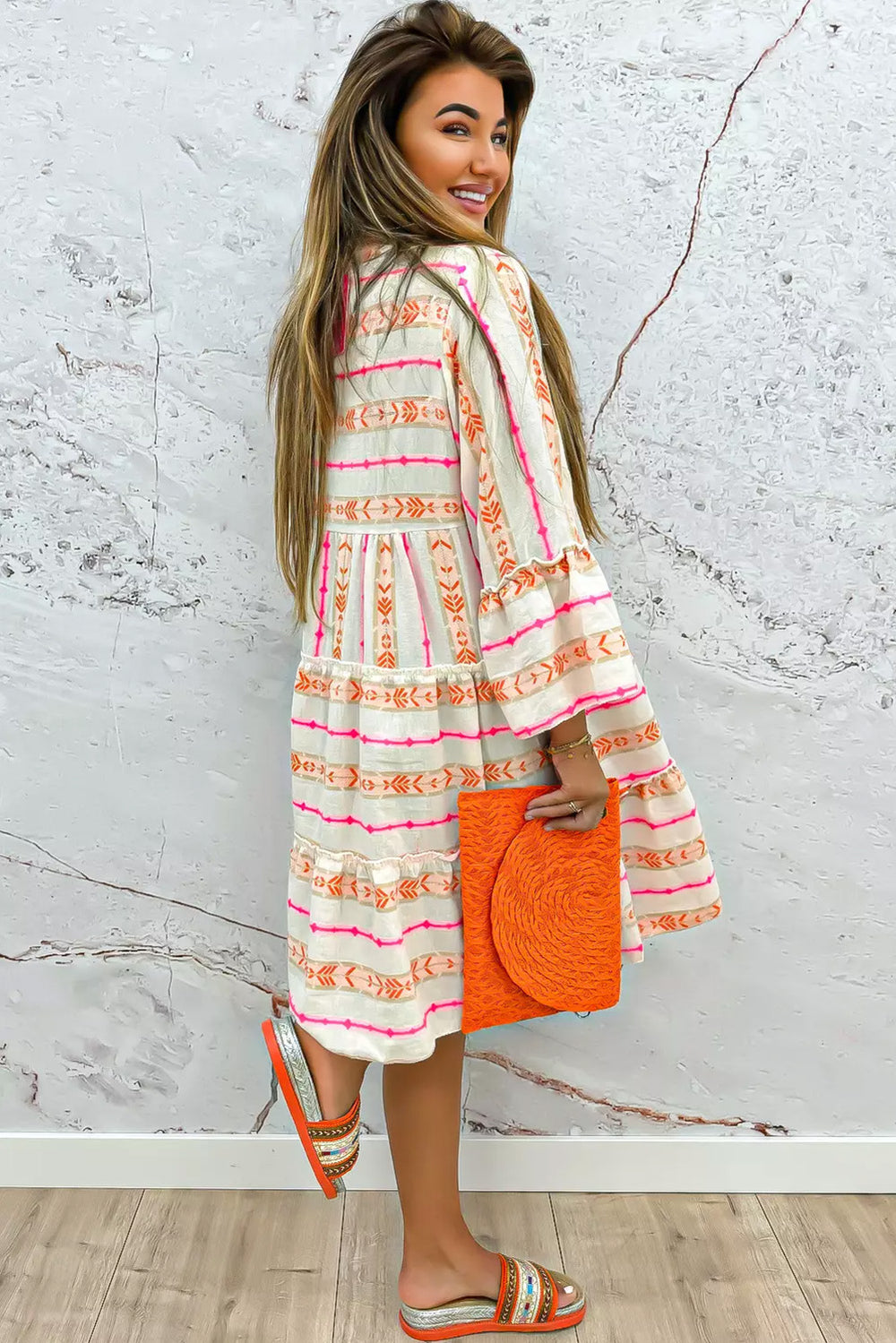  Boho Orange Aztec Ruffled Loose Dress