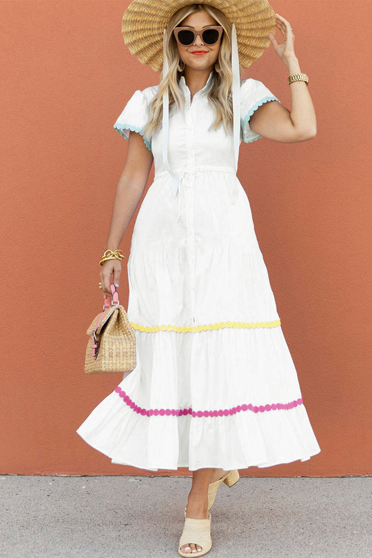 White Rickrack Multicolor Trim Drawstring Long Dress