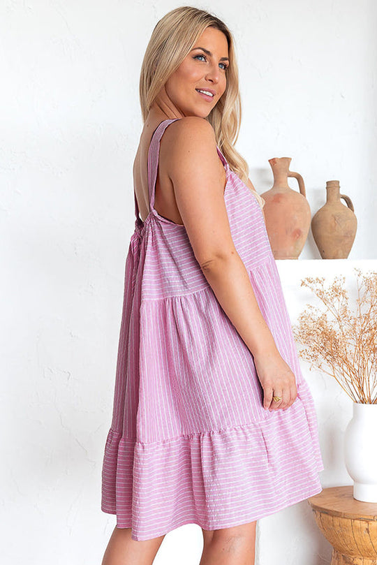 Ruffled Pink Pinstriped Mini Flared Dress