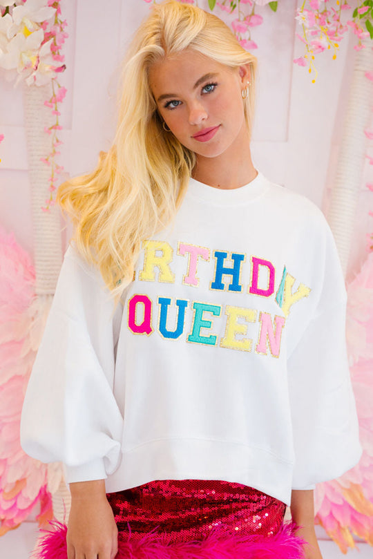 BIRTHDAY QUEEN White Graphic Sweatshirt