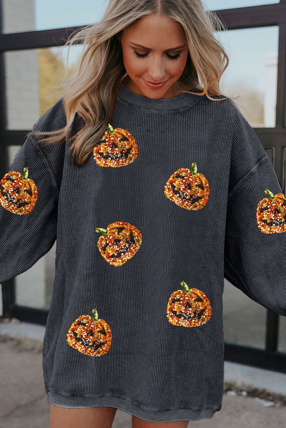 Halloween Bougie Sequined Pumpkin Corduroy Baggy Sweatshirt