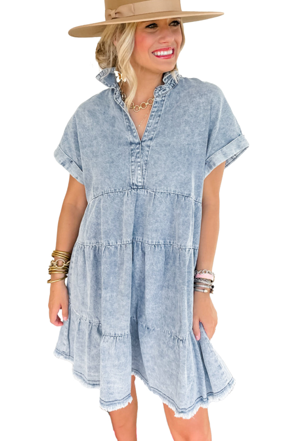 Tiered Denim Acid Wash Dress