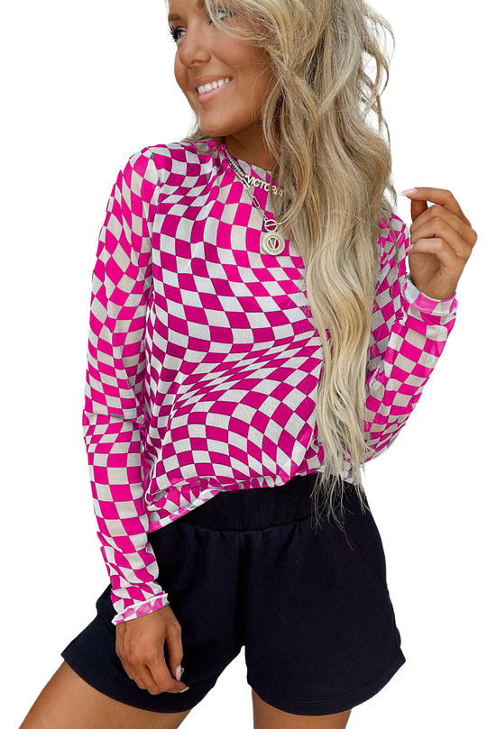 Checkered Sheer Long Sleeve Mesh Top