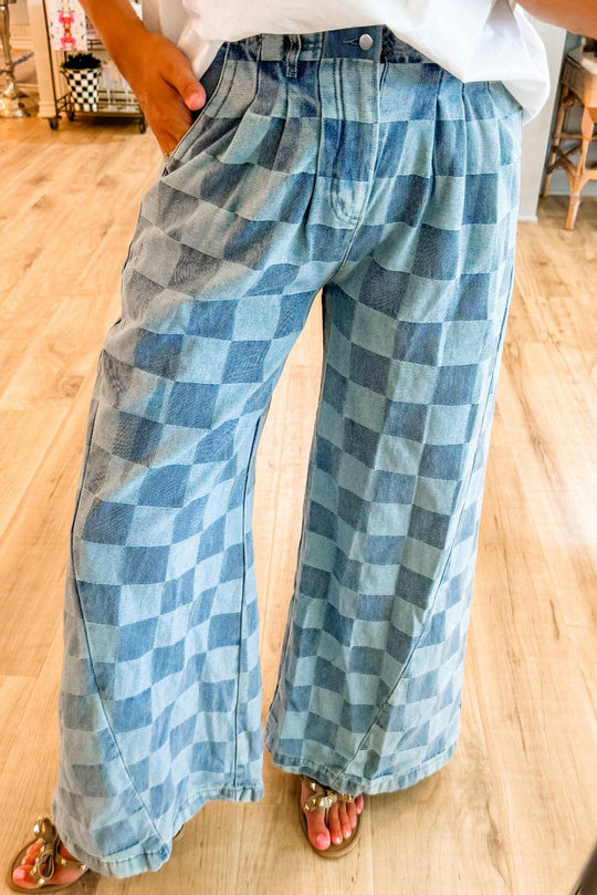  Checkered Denim Wide Leg Denim