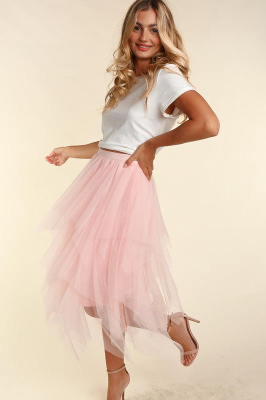 BLUSH TULLE TIERED MIDI SKIRT 