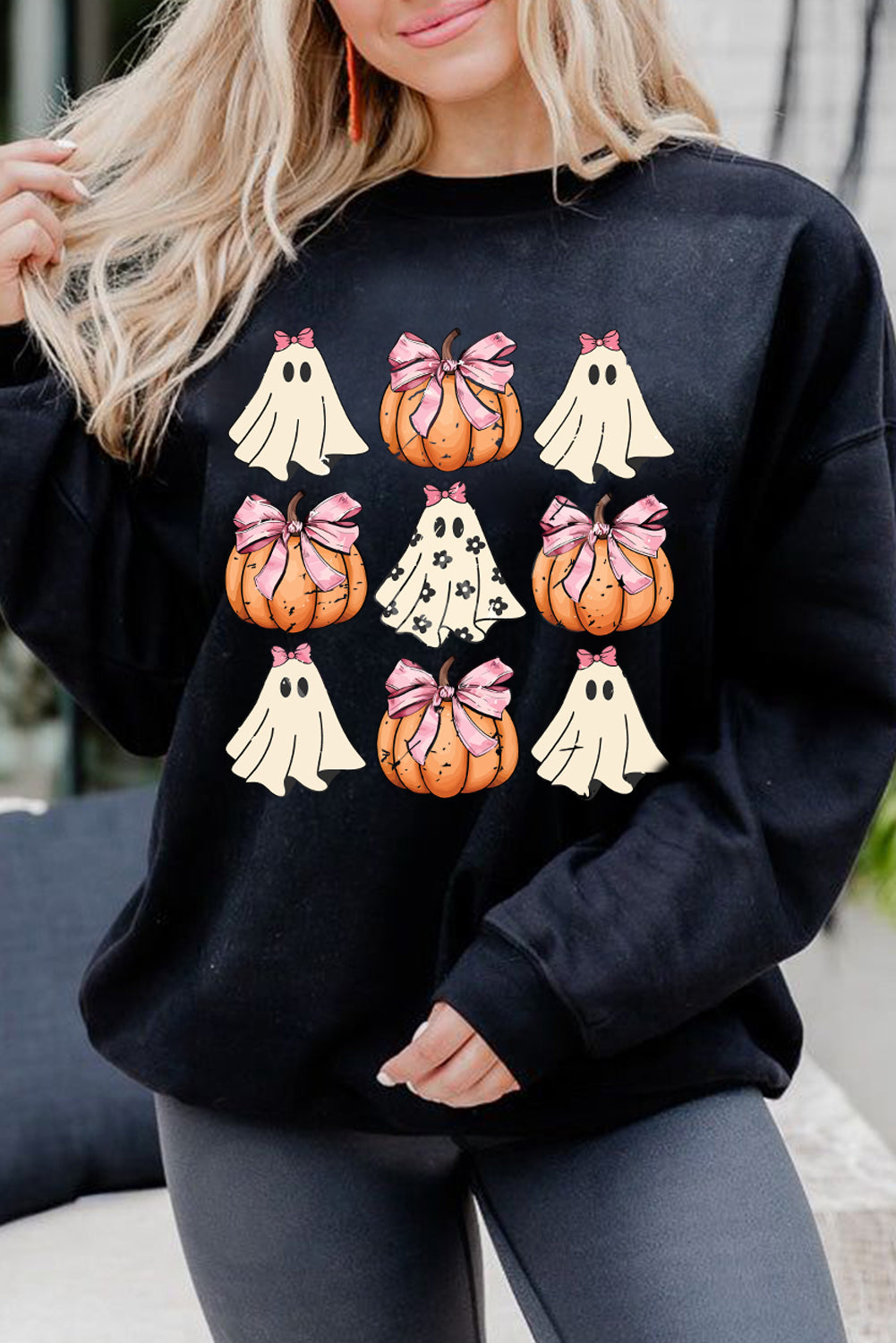 Halloween Black Bowknot Ghost Pumpkin Graphic Sweatshirt