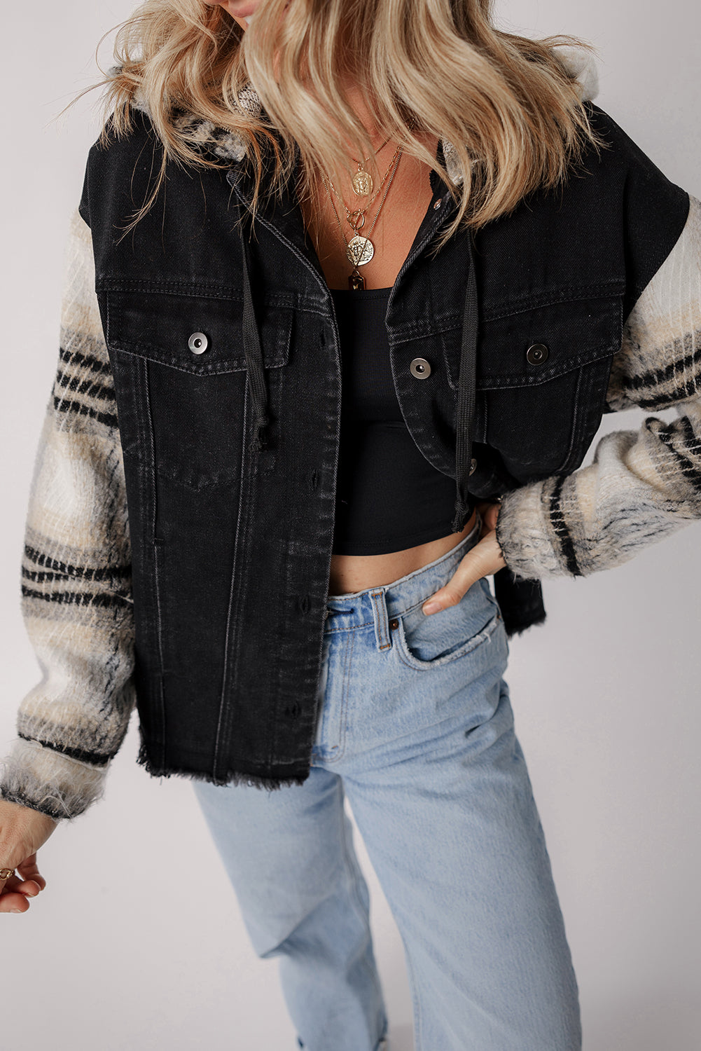 Black Plaid Sleeve Frayed Hem Hooded Denim Jacket