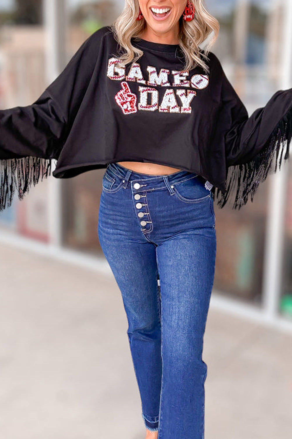  Sequin Tassel "GAME DAY" Football Cropped Sweatshirt