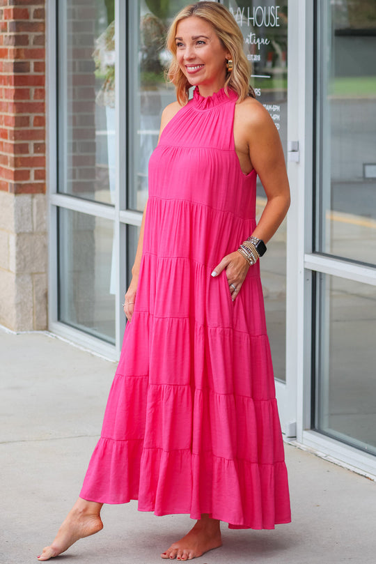 Rosey Pink Long Tiered Maxi Dress