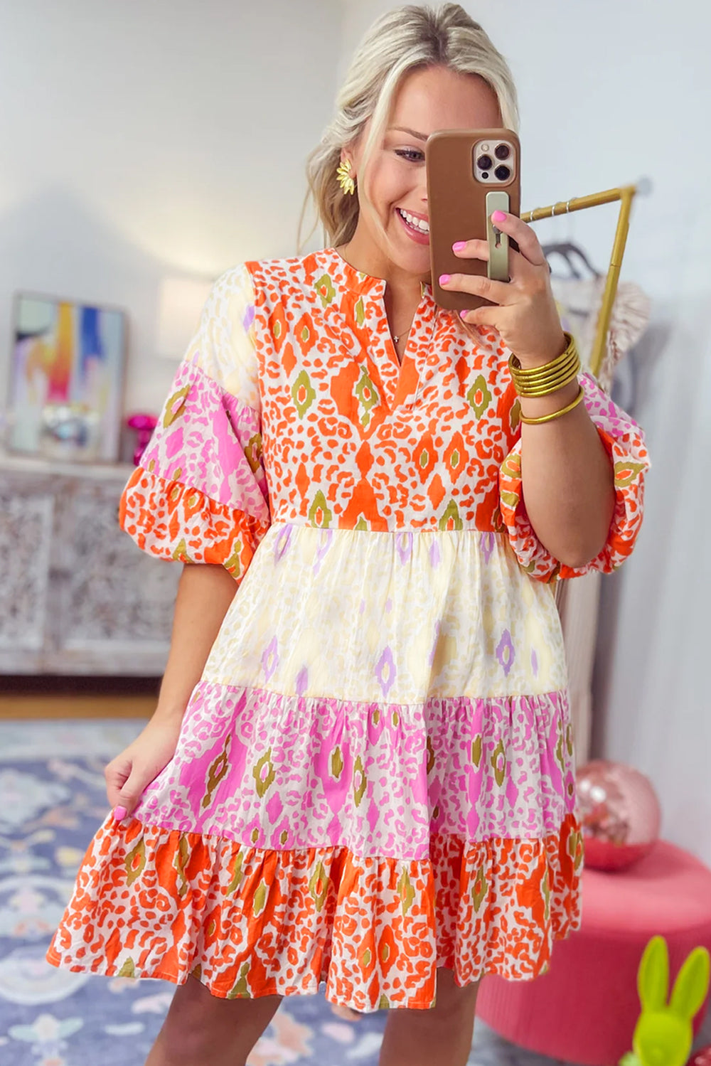 Lilly Boho Multicolor Bubble Sleeve Tiered Dress