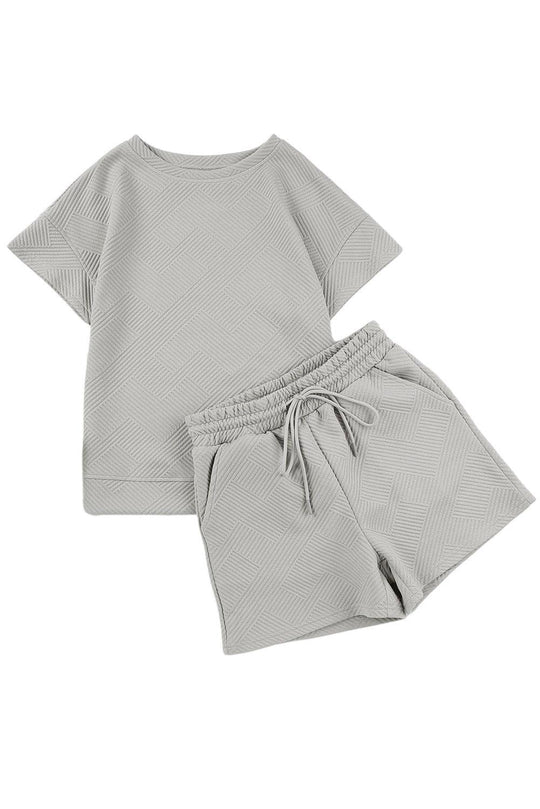 Gray 2Pcs Solid Textured Drawstring Shorts Set