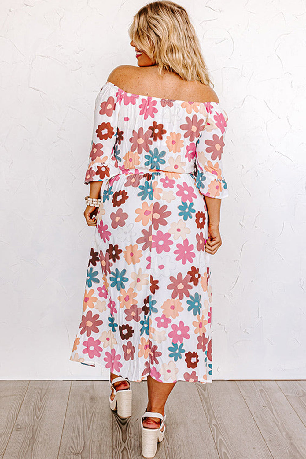 White Plus Size Spring Flower Off Shoulder Dress