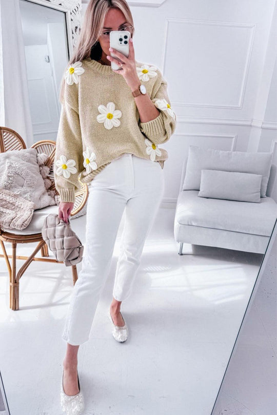 White Floral Crochet Chunky Knit Sweater